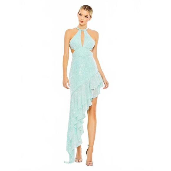 MAC DUGGAL Sequined Halter Cut Out Ruffle Asymmetrical Dress Size 2 - Picture 1 of 8